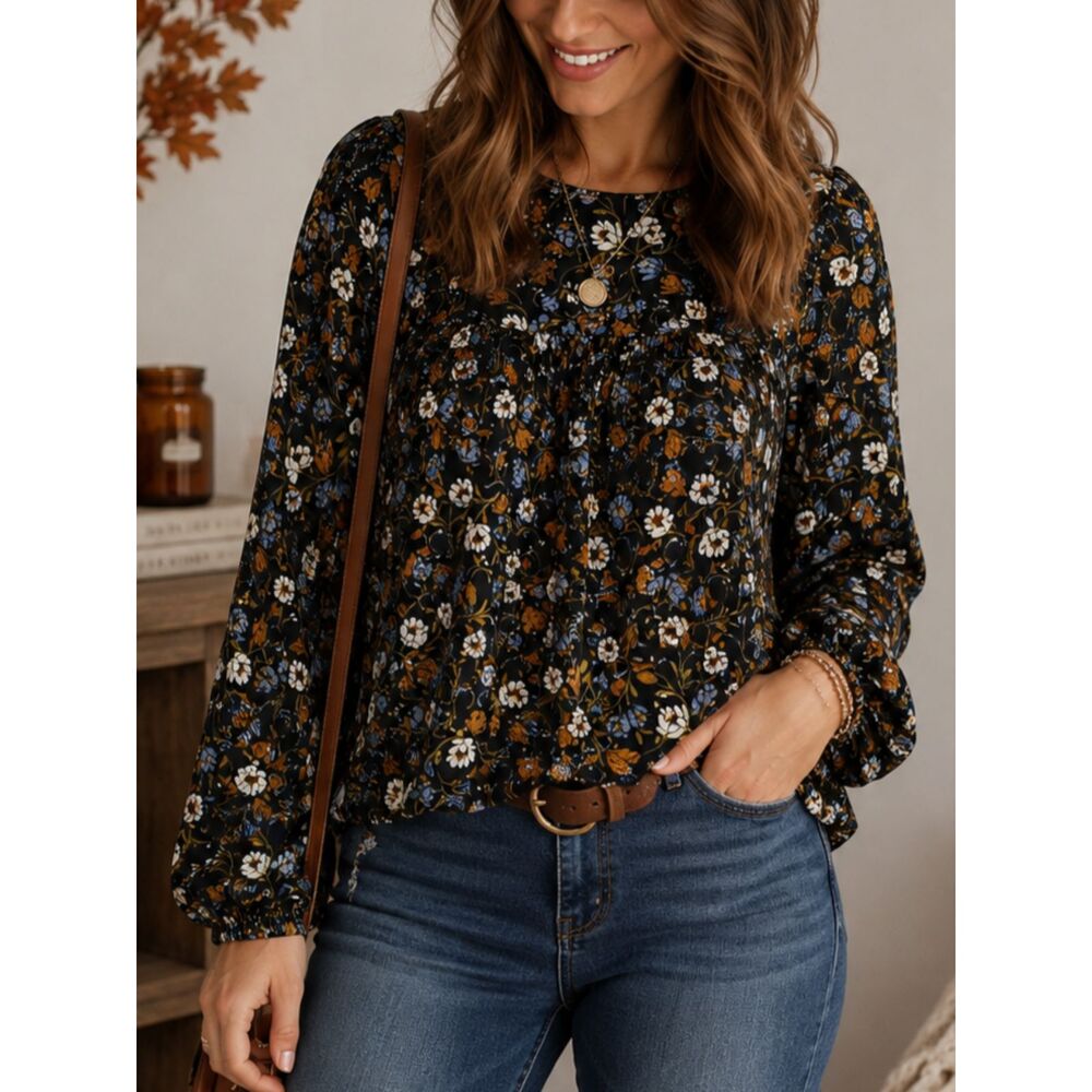 Ana A New Approach XL Floral Boho Blouse Black Blue Rust Long Sleeve Cottagecore